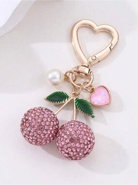 1pc pink Sparkling Cherry Rhinestone Heart Shaped Pendant Bag Charm